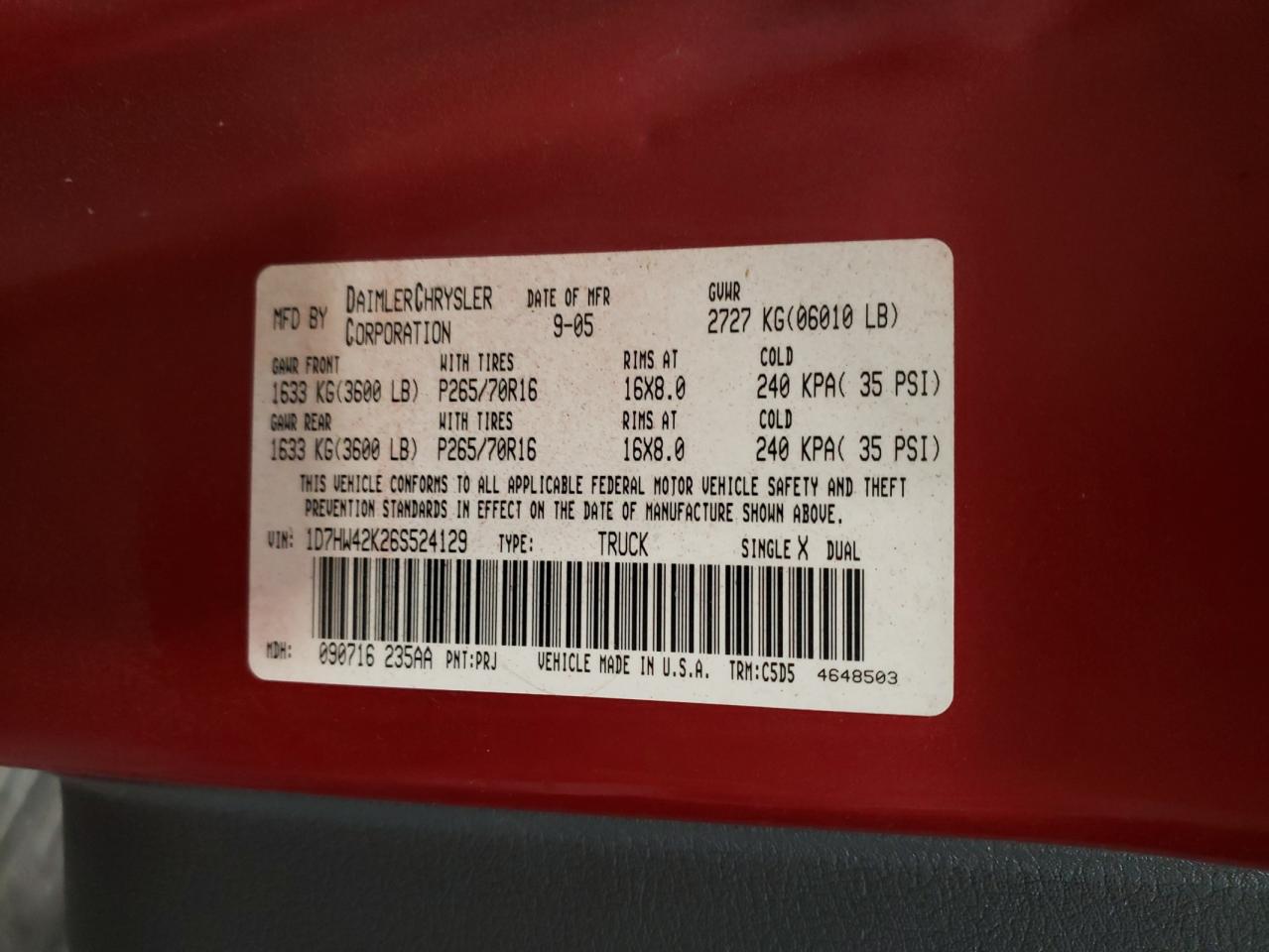 Photo 10 from auction – 2006 DODGE DAKOTA SLT with VIN 1D7HW42K26S524129