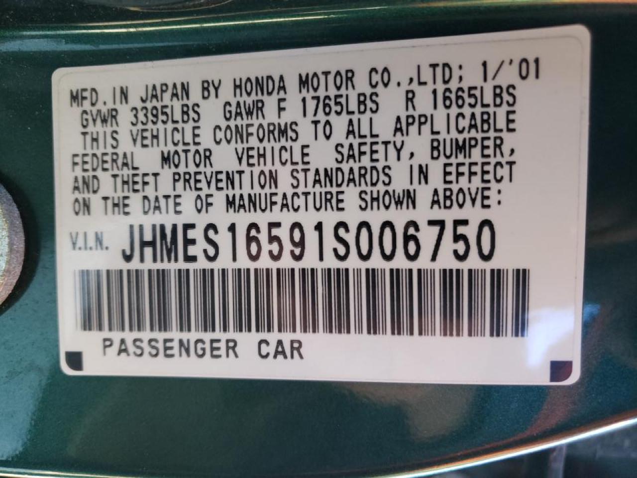 Photo 10 from auction – 2001 HONDA CIVIC LX with VIN JHMES16591S006750