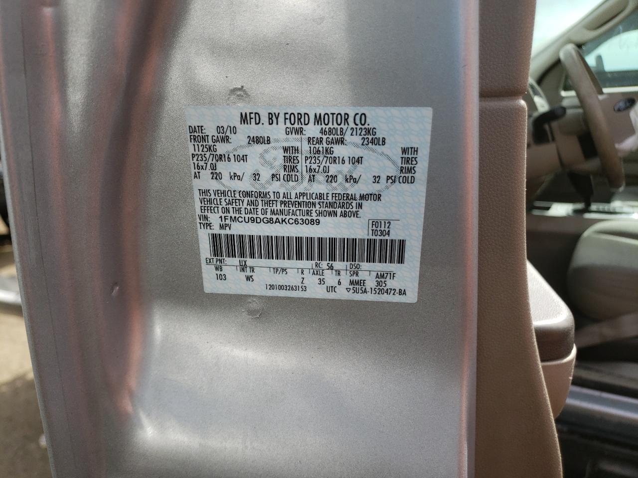 Photo 10 from auction – 2010 FORD ESCAPE XLT with VIN 1FMCU9DG8AKC63089