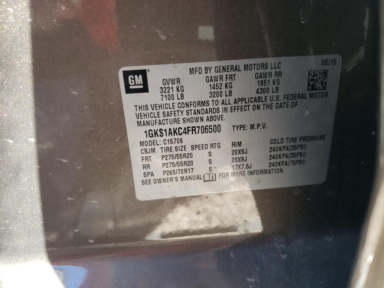 Photo 10 from auction – 2015 GMC YUKON SLE with VIN 1GKS1AKC4FR706500