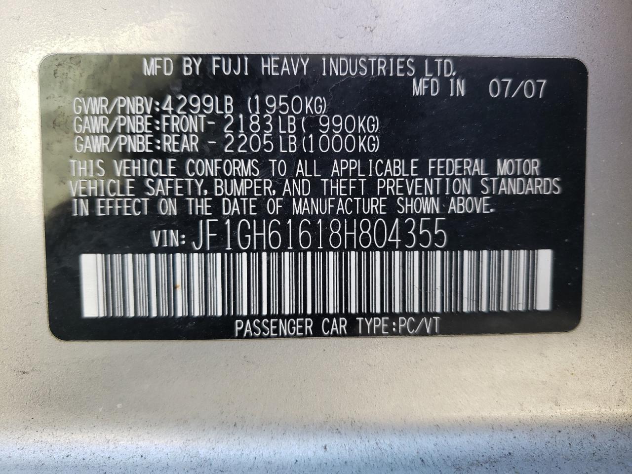 Photo 10 from auction – 2008 SUBARU IMPREZA 2. with VIN JF1GH61618H804355