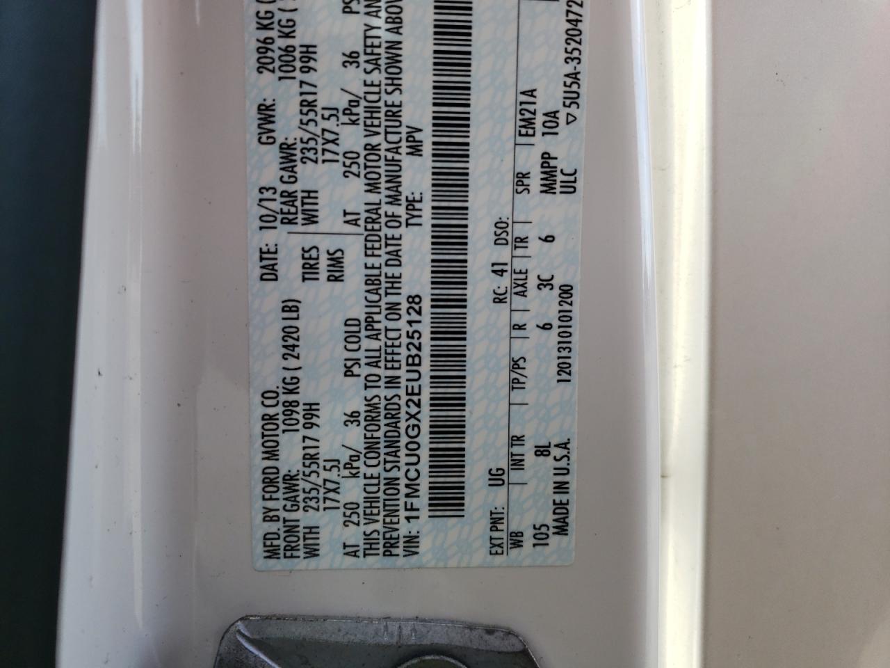 Photo 10 from auction – 2014 FORD ESCAPE SE with VIN 1FMCU0GX2EUB25128