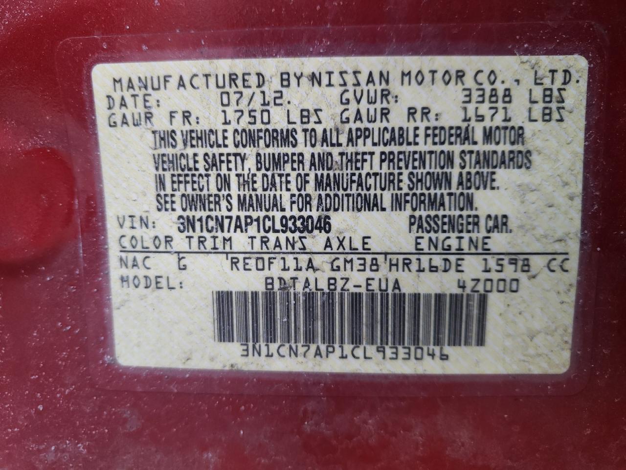 Photo 10 from auction – 2012 NISSAN VERSA S with VIN 3N1CN7AP1CL933046