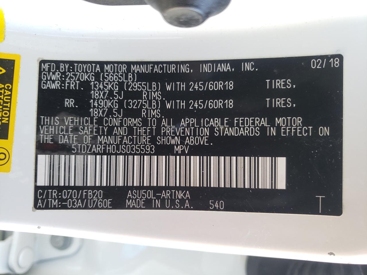 Photo 10 from auction – 2018 TOYOTA HIGHLANDER with VIN 5TDZARFH0JS035593