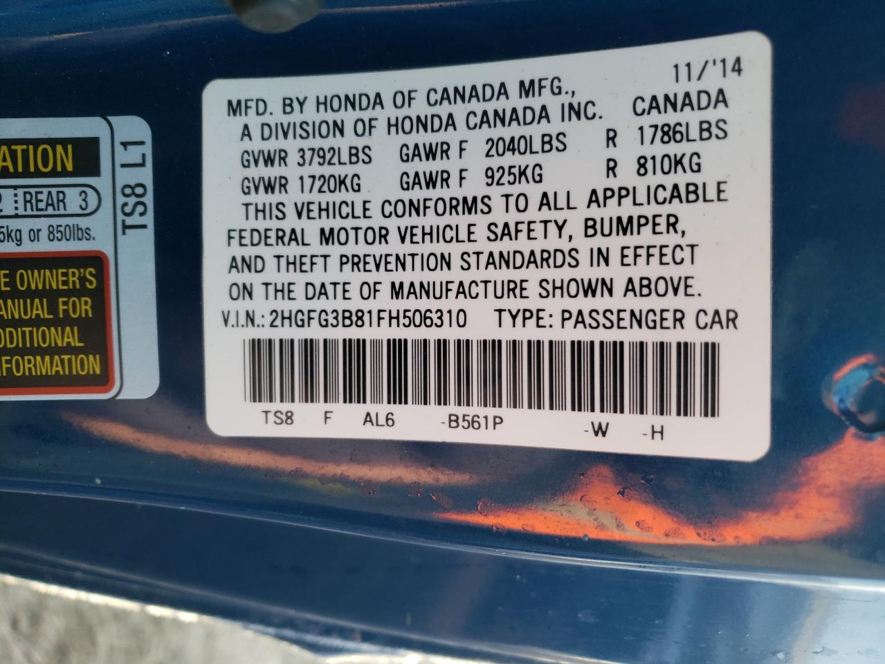 Photo 10 from auction – 2015 HONDA CIVIC EX with VIN 2HGFG3B81FH506310