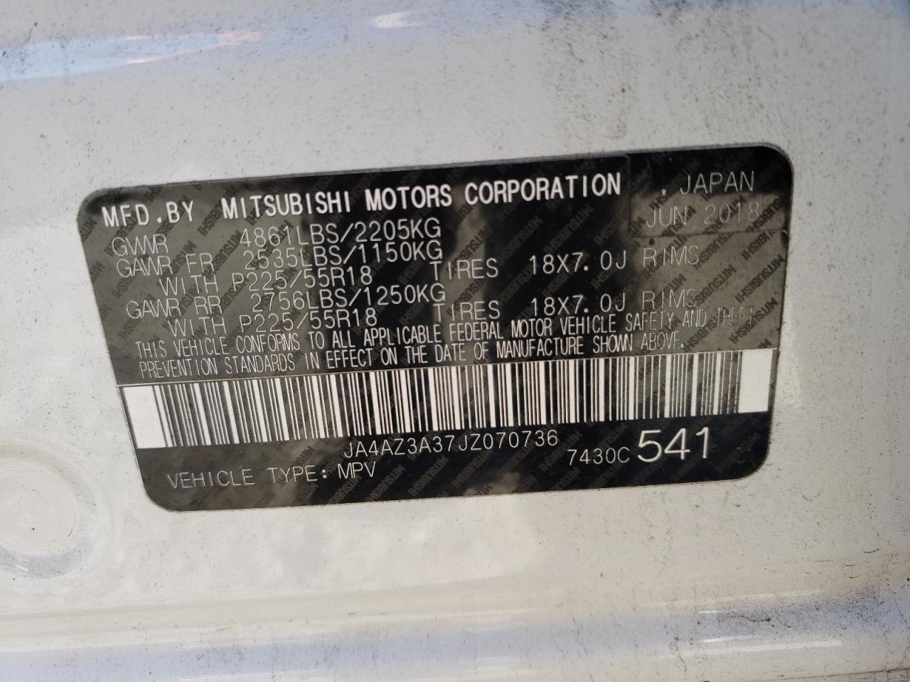 Photo 10 from auction – 2018 MITSUBISHI OUTLANDER with VIN JA4AZ3A37JZ070736
