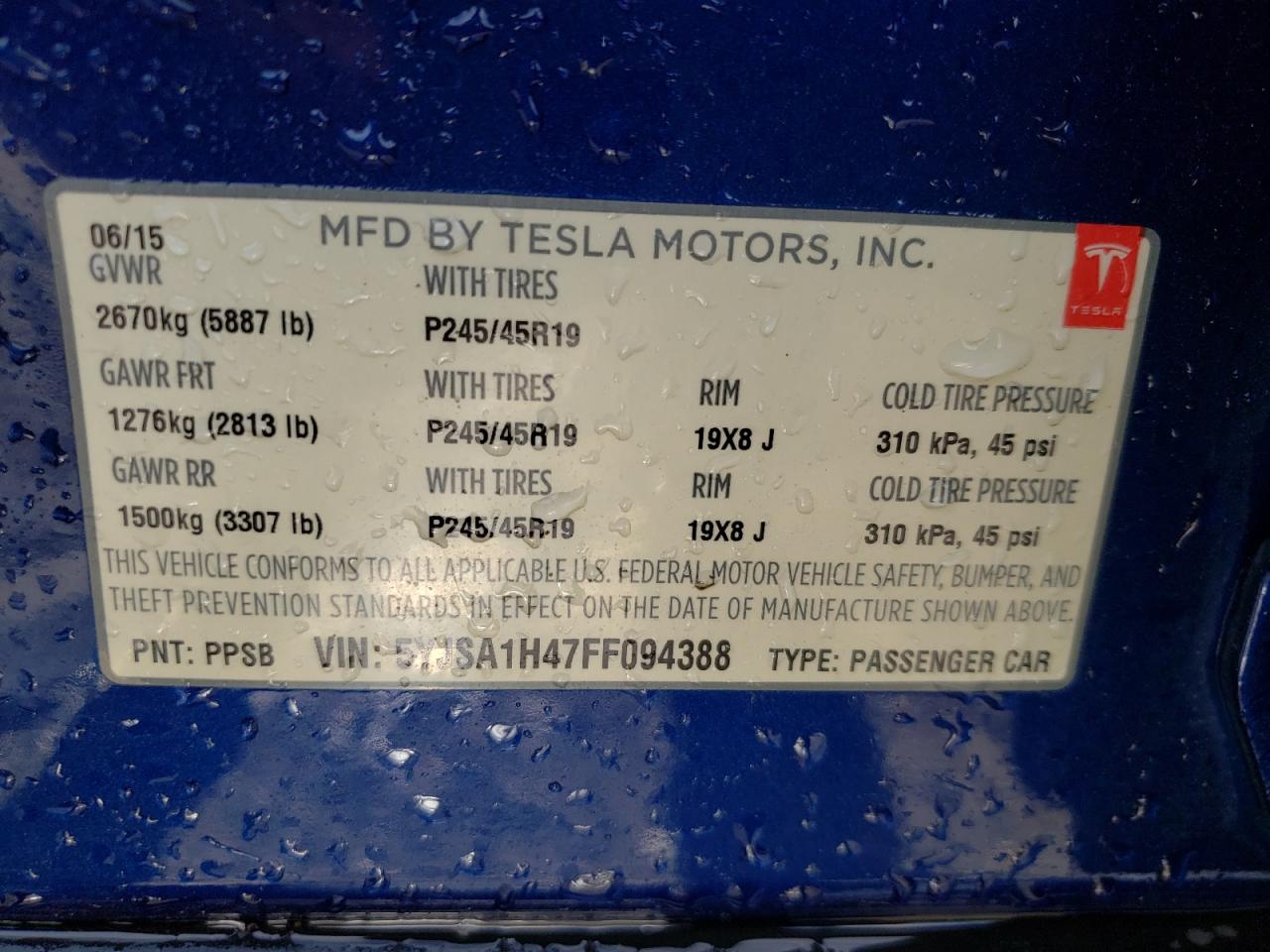 Photo 10 from auction – 2015 TESLA MODEL S P8 with VIN 5YJSA1H47FF094388