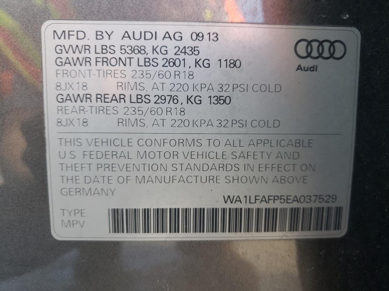 Photo 10 from auction – 2014 AUDI Q5 PREMIUM with VIN WA1LFAFP5EA037529