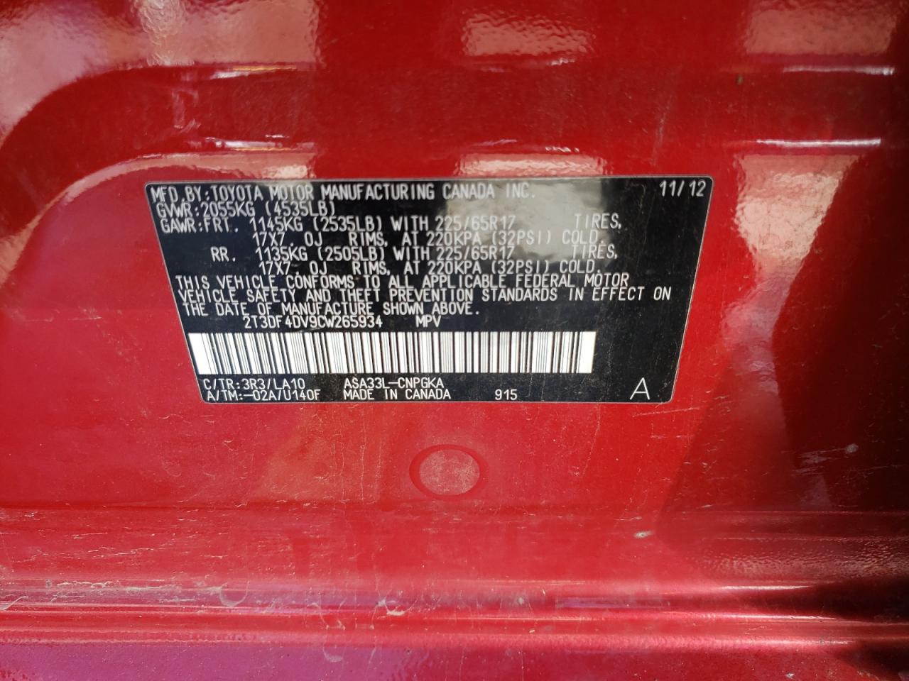 Photo 10 from auction – 2012 TOYOTA RAV4 LIMIT with VIN 2T3DF4DV9CW265934