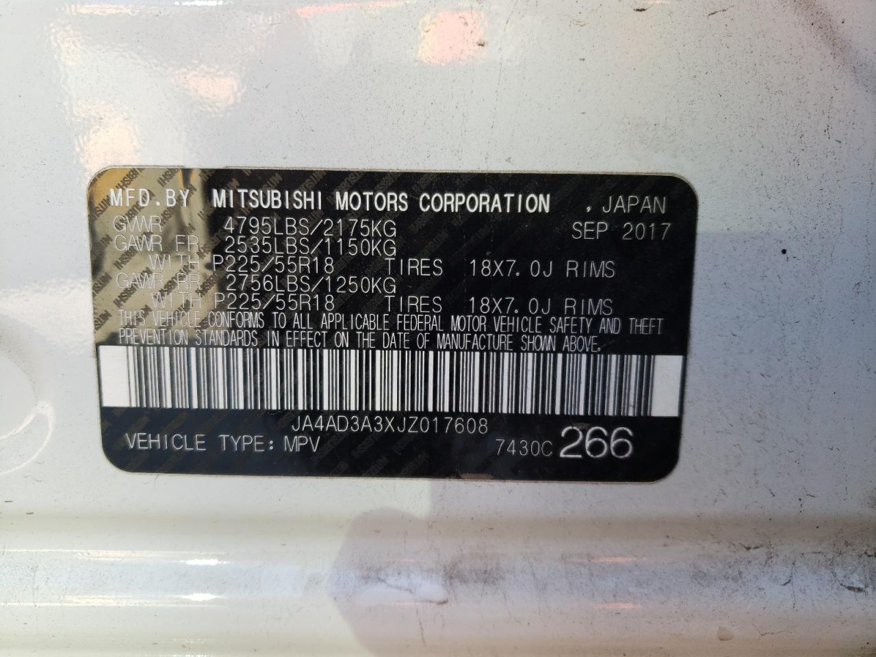 Photo 10 from auction – 2018 MITSUBISHI OUTLANDER with VIN JA4AD3A3XJZ017608