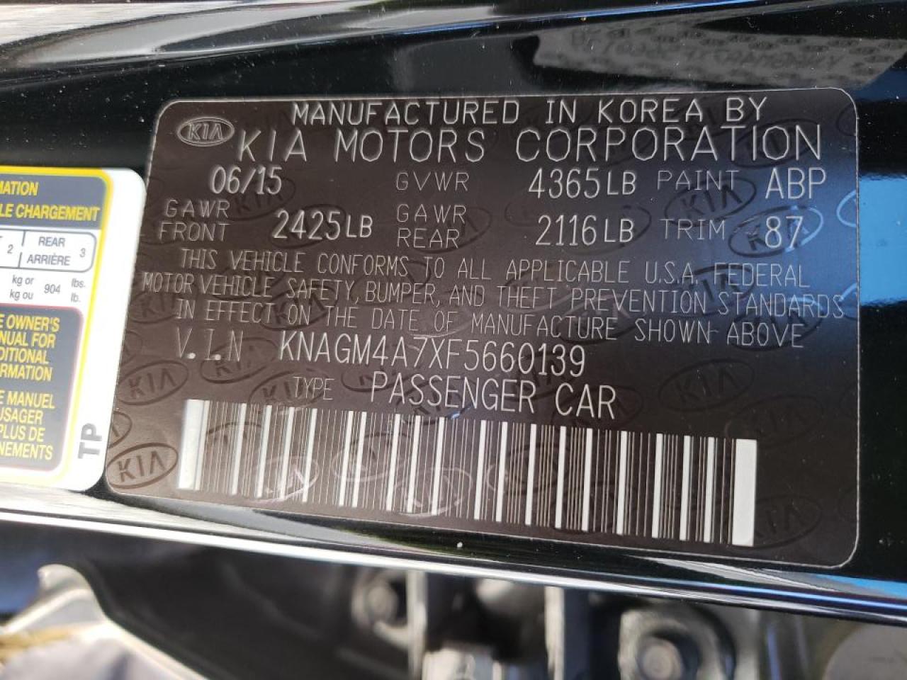 Photo 10 from auction – 2015 KIA OPTIMA LX with VIN KNAGM4A7XF5660139
