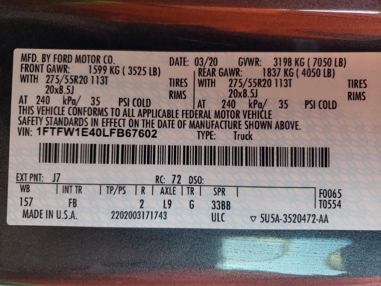 Photo 10 from auction – 2020 FORD F150 SUPER with VIN 1FTFW1E40LFB67602