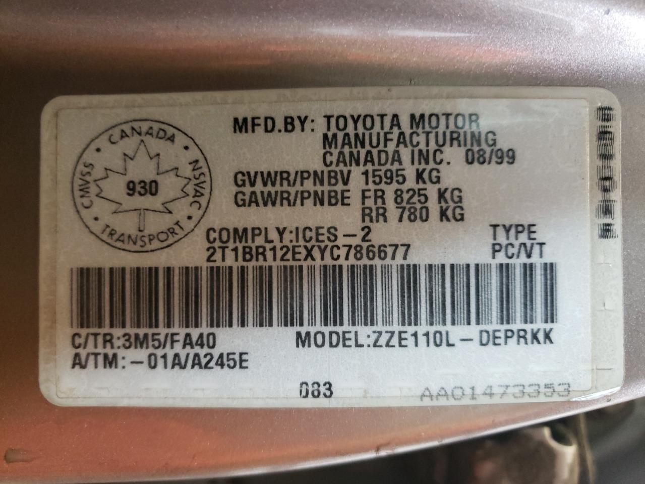 Photo 10 from auction – 2000 TOYOTA COROLLA VE with VIN 2T1BR12EXYC786677