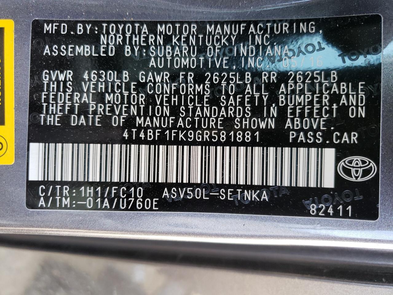 Photo 10 from auction – 2016 TOYOTA CAMRY LE with VIN 4T4BF1FK9GR581881