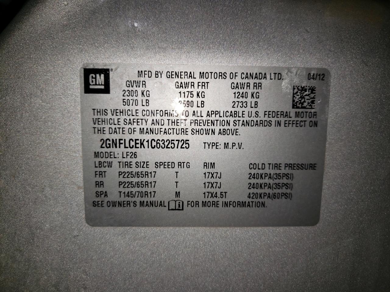 Zdjęcie 10 z aukcji – 2012 CHEVROLET EQUINOX LS z VIN 2GNFLCEK1C6325725