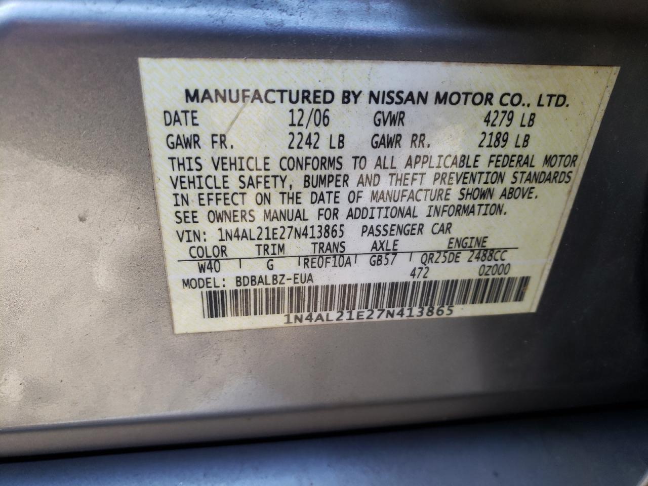 Photo 10 from auction – 2007 NISSAN ALTIMA 2.5 with VIN 1N4AL21E27N413865