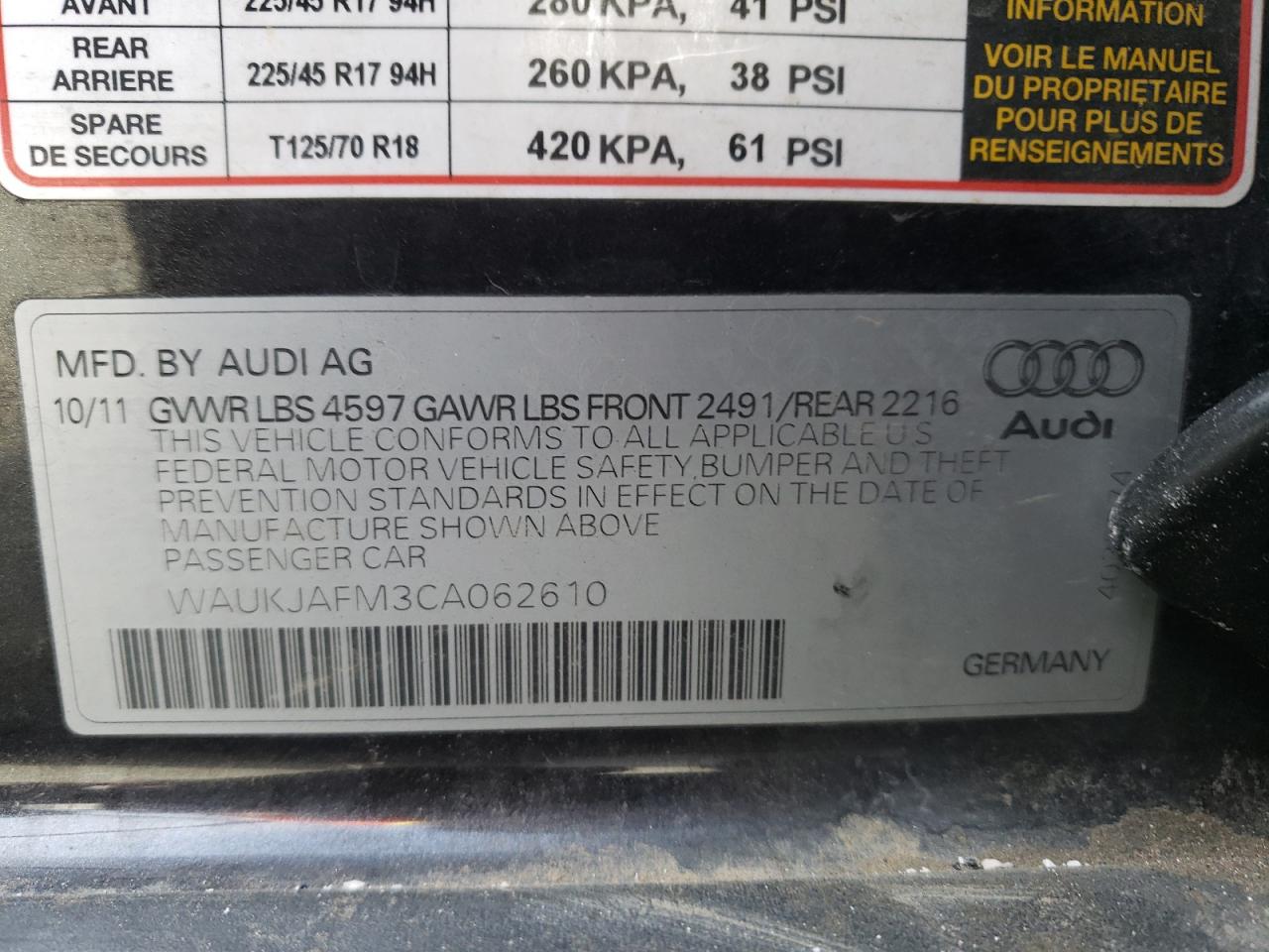 Photo 10 from auction – 2012 AUDI A3 PREMIUM with VIN WAUKJAFM3CA062610