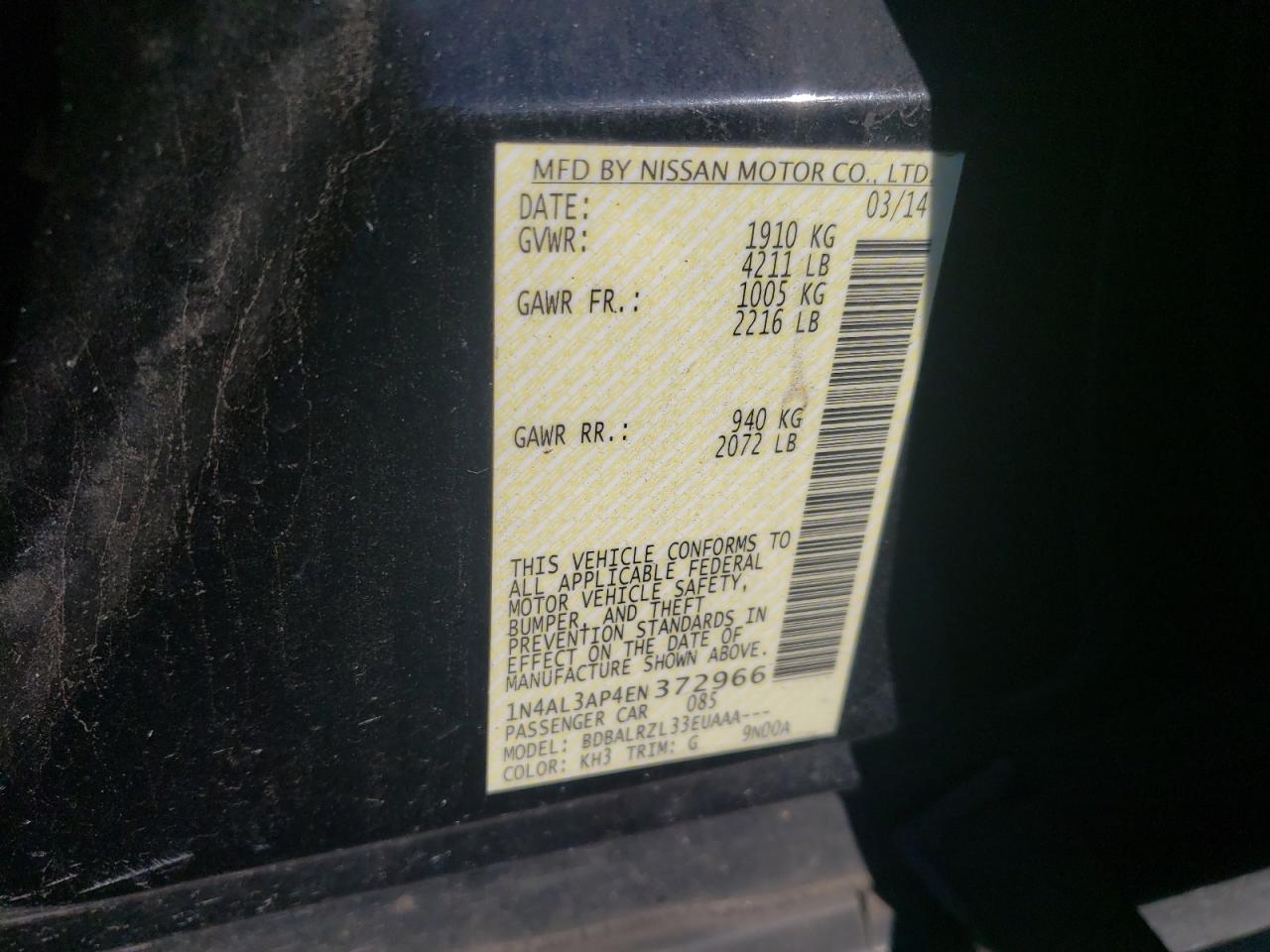 Photo 10 from auction – 2014 NISSAN ALTIMA 2.5 with VIN 1N4AL3AP4EN372966