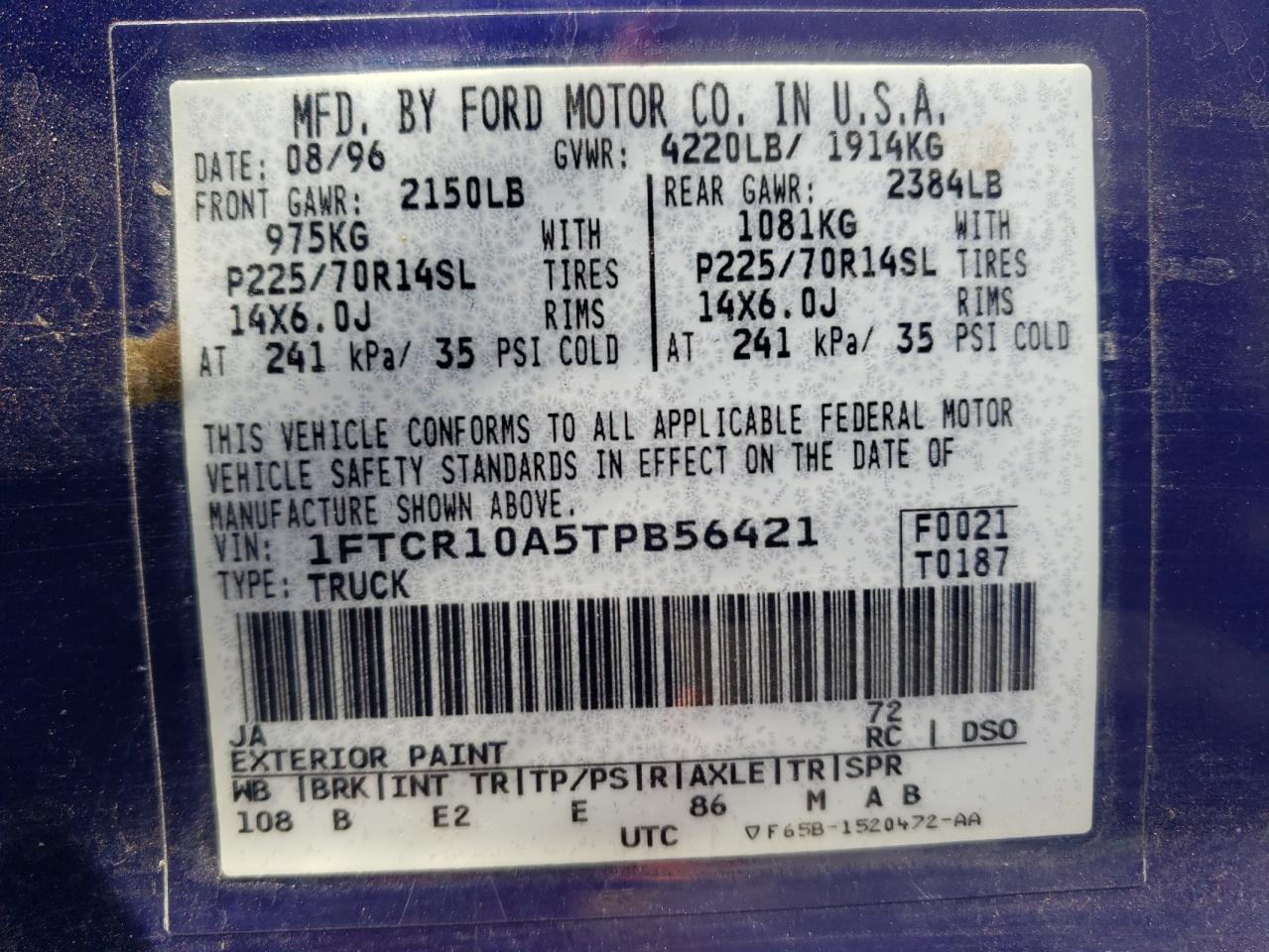 Photo 10 from auction – 1996 FORD RANGER with VIN 1FTCR10A5TPB56421