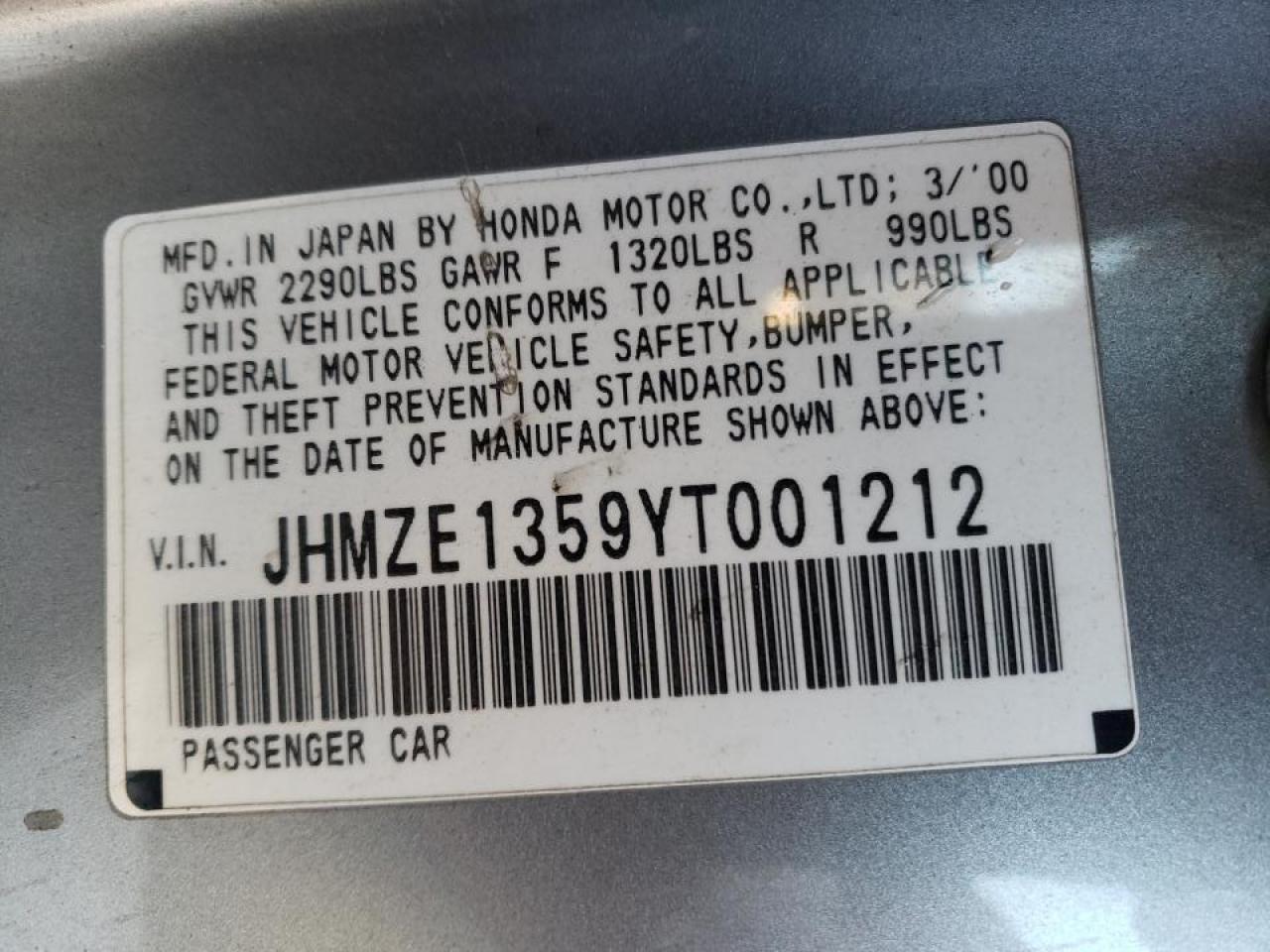 Photo 10 from auction – 2000 HONDA INSIGHT with VIN JHMZE1359YT001212