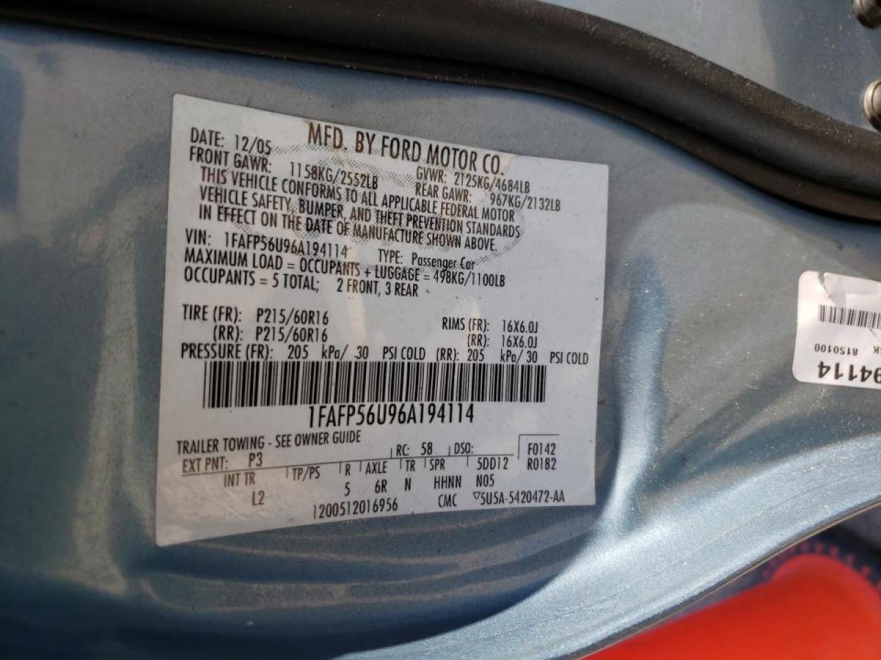Photo 10 from auction – 2006 FORD TAURUS SEL with VIN 1FAFP56U96A194114