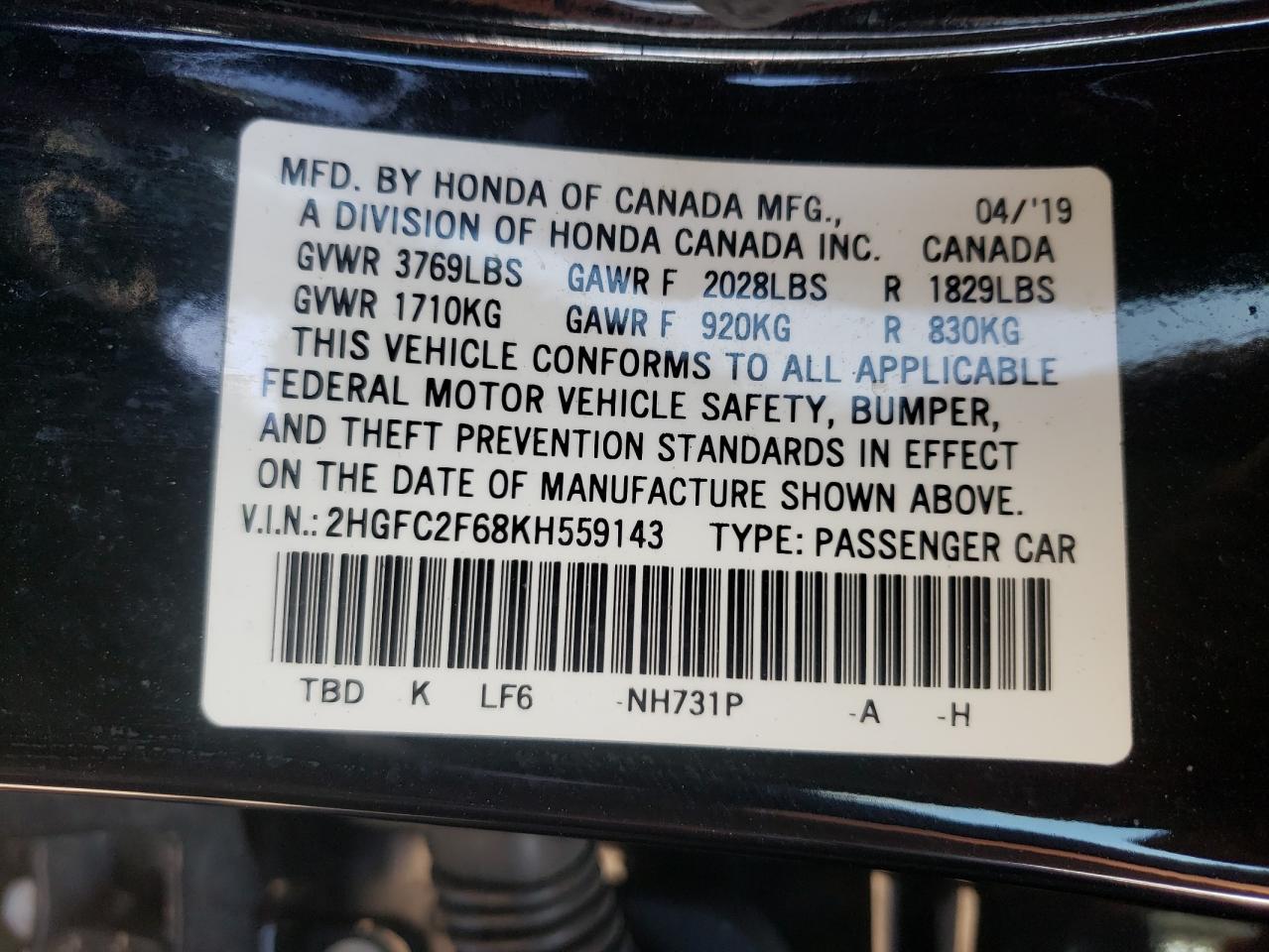 Photo 10 from auction – 2019 HONDA CIVIC LX with VIN 2HGFC2F68KH559143