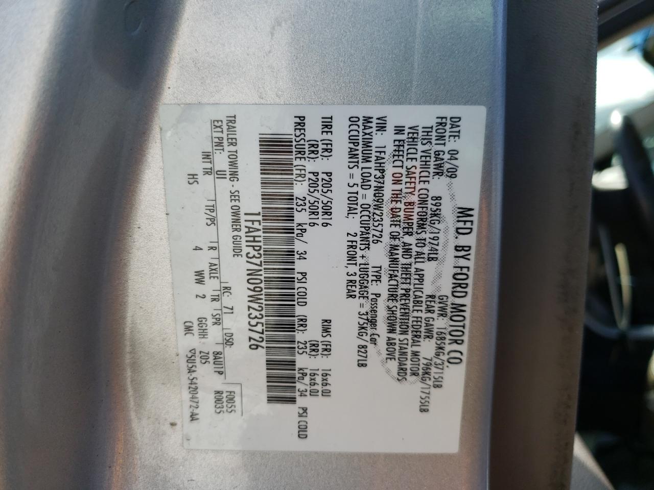 Photo 10 from auction – 2009 FORD FOCUS SEL with VIN 1FAHP37N09W235726