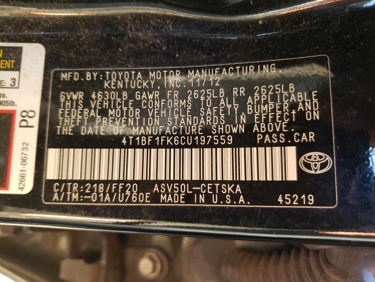 Photo 10 from auction – 2012 TOYOTA CAMRY BASE with VIN 4T1BF1FK6CU197559
