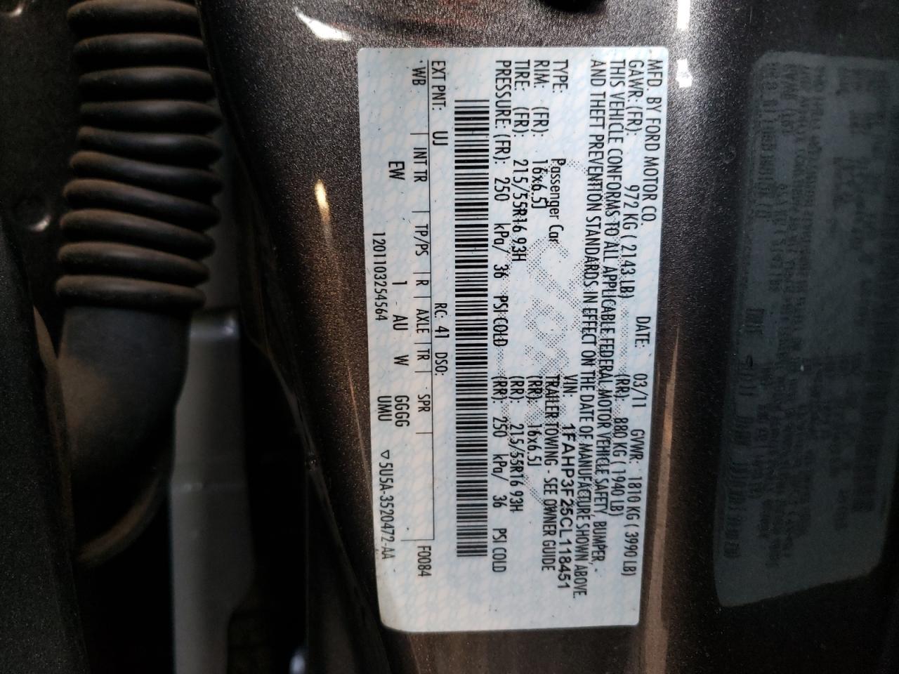 Photo 10 from auction – 2012 FORD FOCUS with VIN 1FAHP3F25CL118451