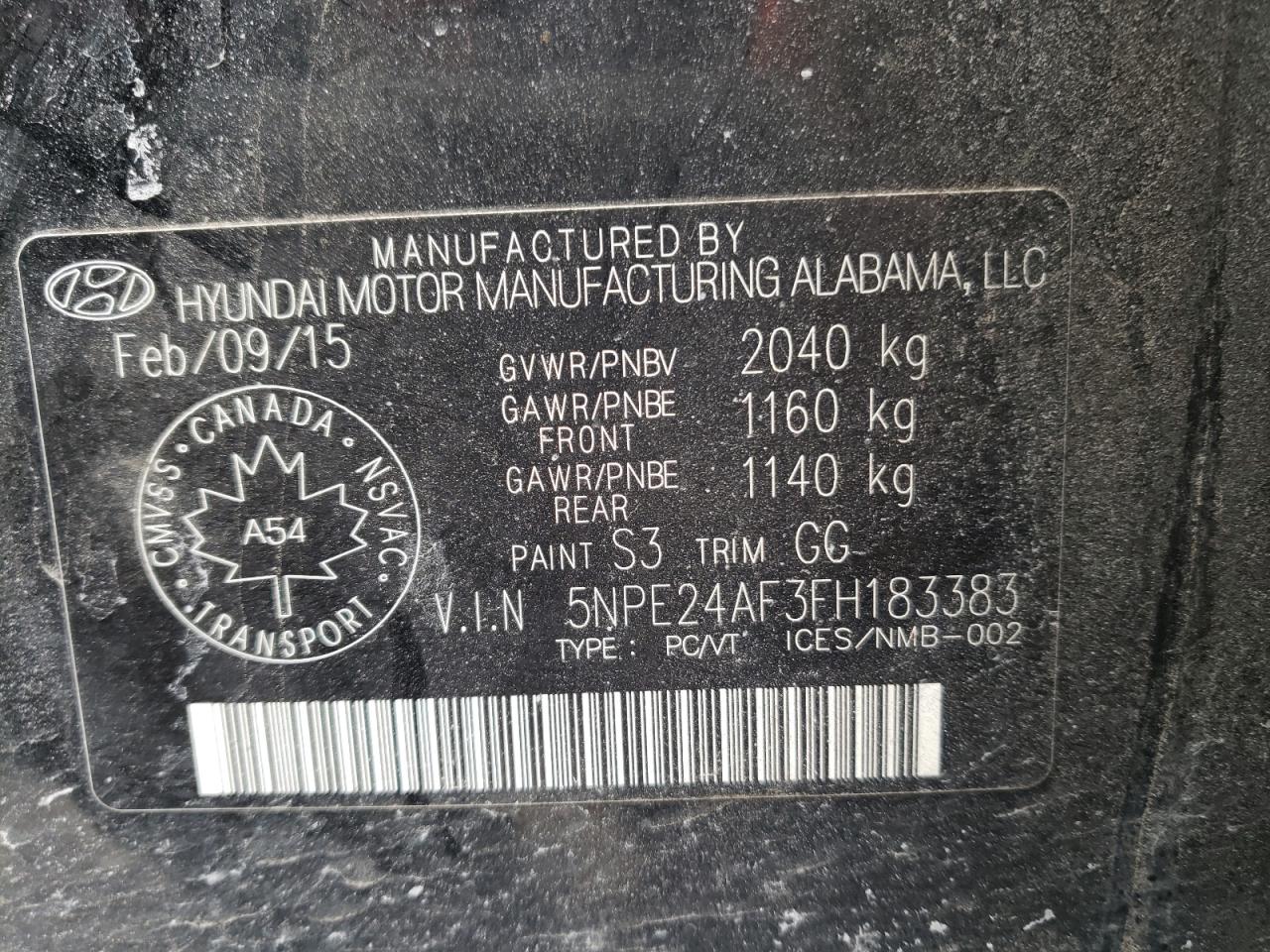 Photo 10 from auction – 2015 HYUNDAI SONATA SE with VIN 5NPE24AF3FH183383
