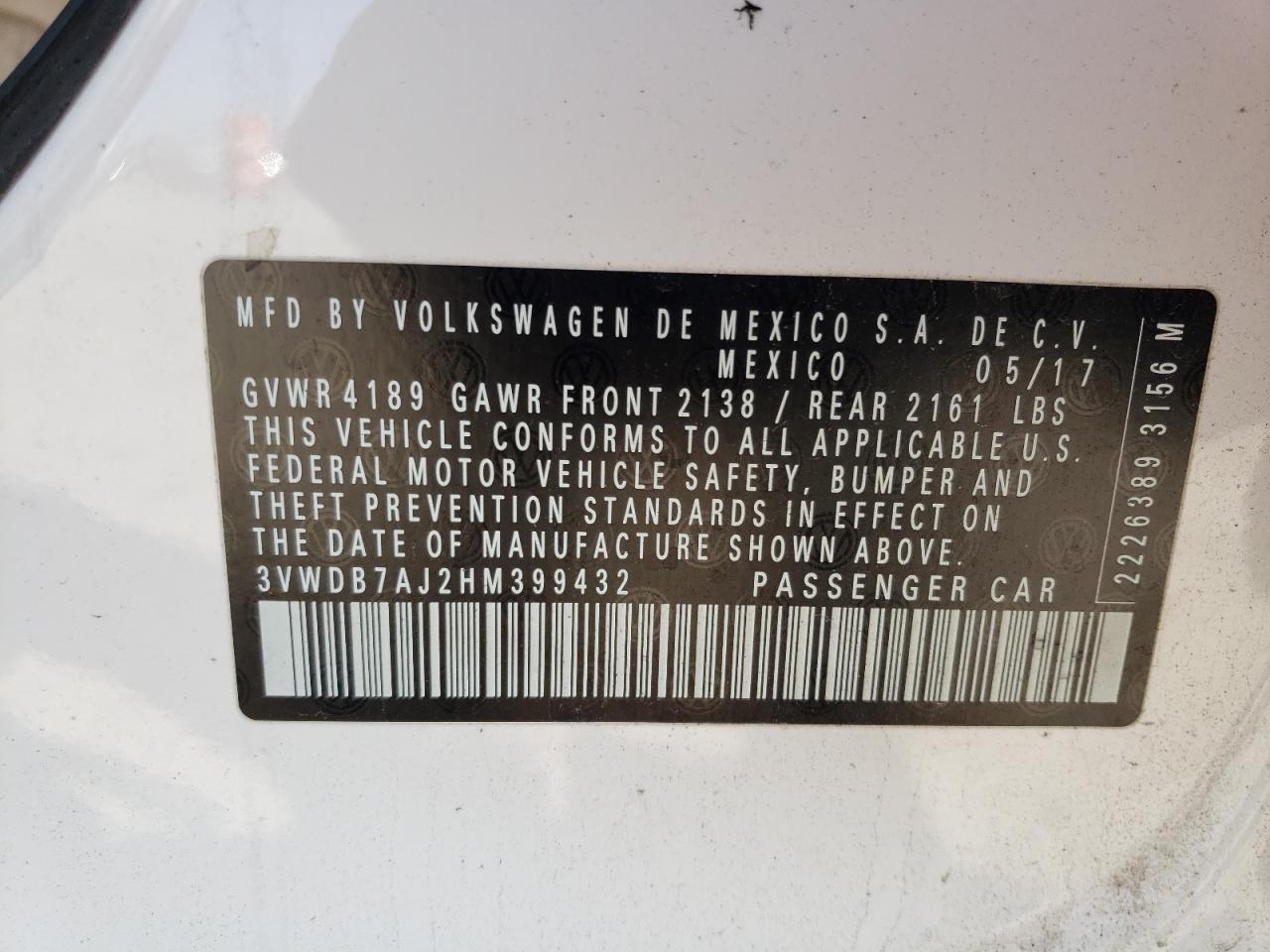 Photo 10 from auction – 2017 VOLKSWAGEN JETTA SE with VIN 3VWDB7AJ2HM399432