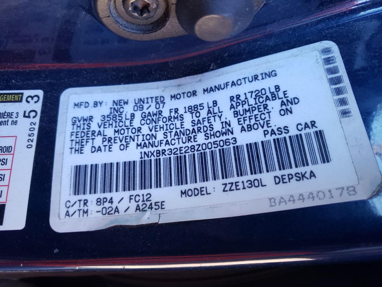 Photo 10 from auction – 2008 TOYOTA COROLLA CE with VIN 1NXBR32E28Z005063