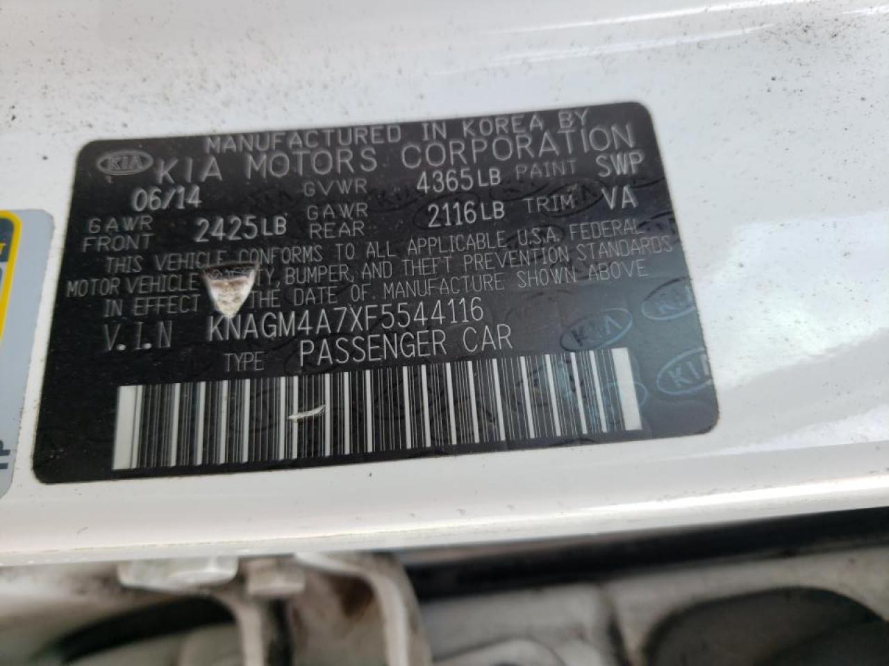 Photo 10 from auction – 2015 KIA OPTIMA LX with VIN KNAGM4A7XF5544116
