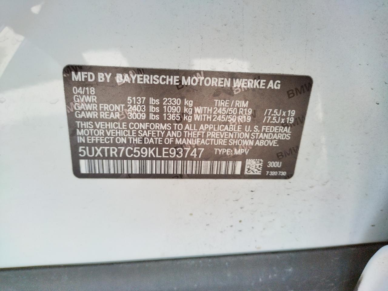 Photo 10 from auction – 2019 BMW X3 SDRIVE3 with VIN 5UXTR7C59KLE93747