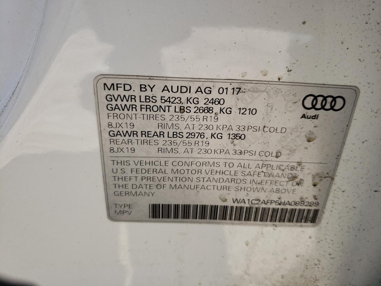 Photo 10 from auction – 2017 AUDI Q5 PREMIUM with VIN WA1C2AFP5HA099299