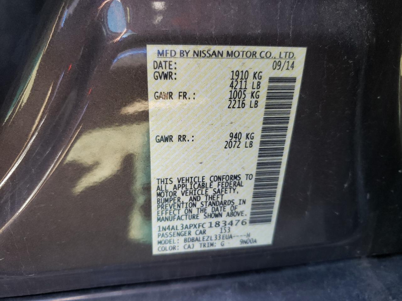 Photo 10 from auction – 2015 NISSAN ALTIMA 2.5 with VIN 1N4AL3APXFC183476