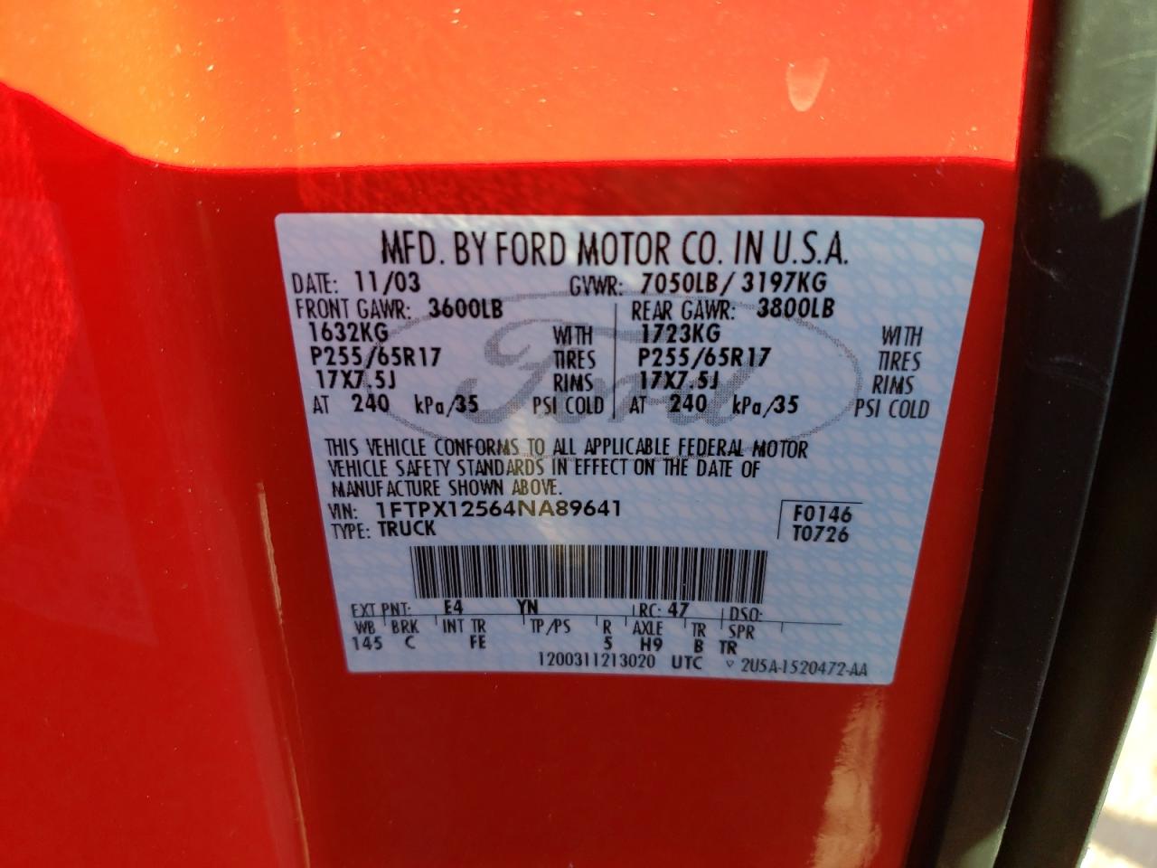 Photo 10 from auction – 2004 FORD F150 with VIN 1FTPX12564NA89641