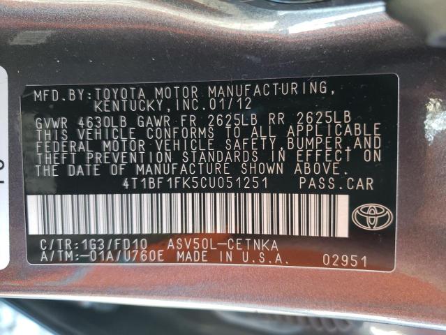 Photo 10 from auction – 2012 TOYOTA CAMRY BASE with VIN 4T1BF1FK5CU051251
