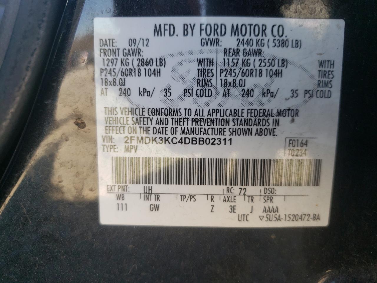 Photo 10 from auction – 2013 FORD EDGE LIMIT with VIN 2FMDK3KC4DBB02311