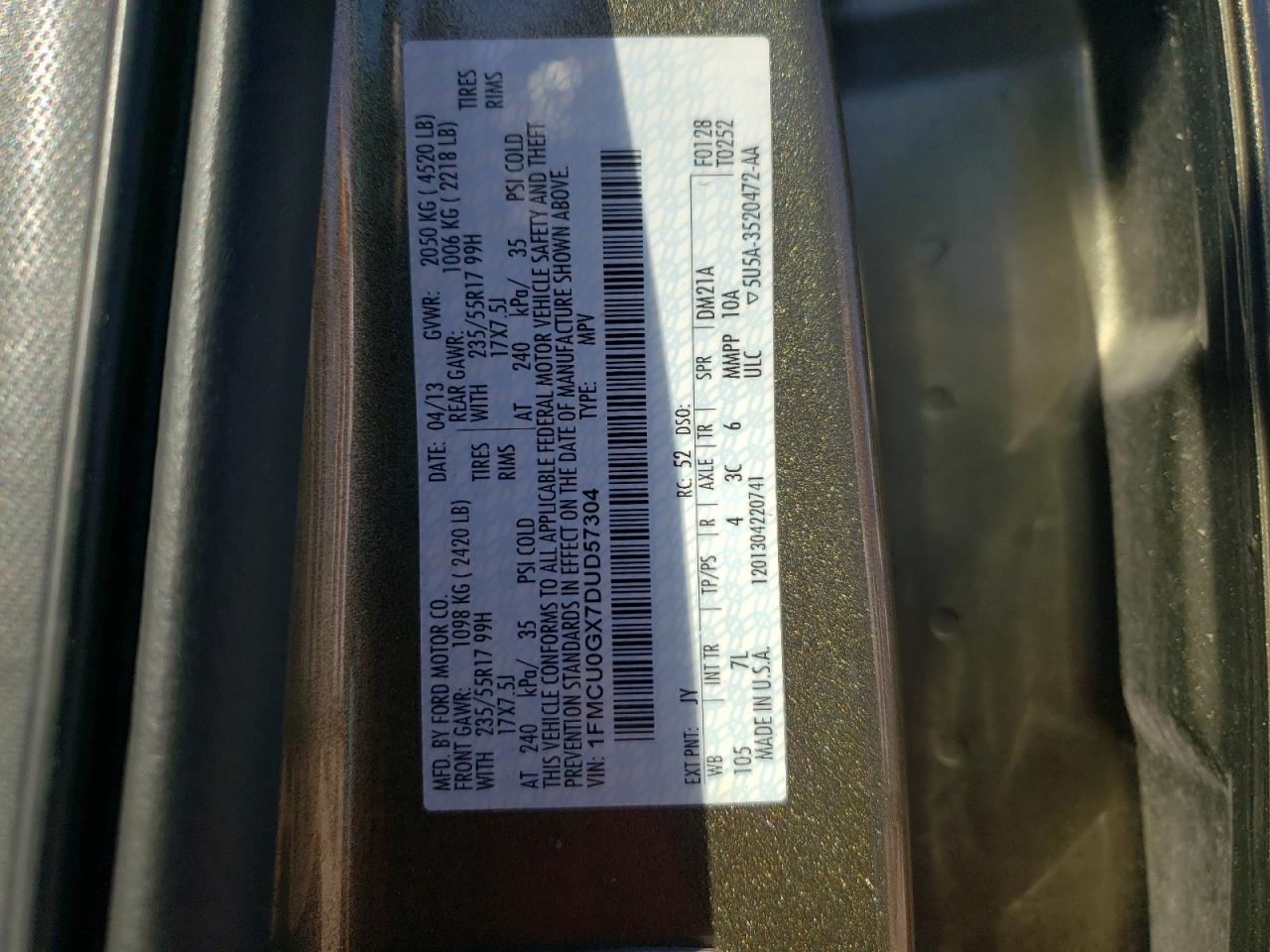 Photo 10 from auction – 2013 FORD ESCAPE SE with VIN 1FMCU0GX7DUD57304
