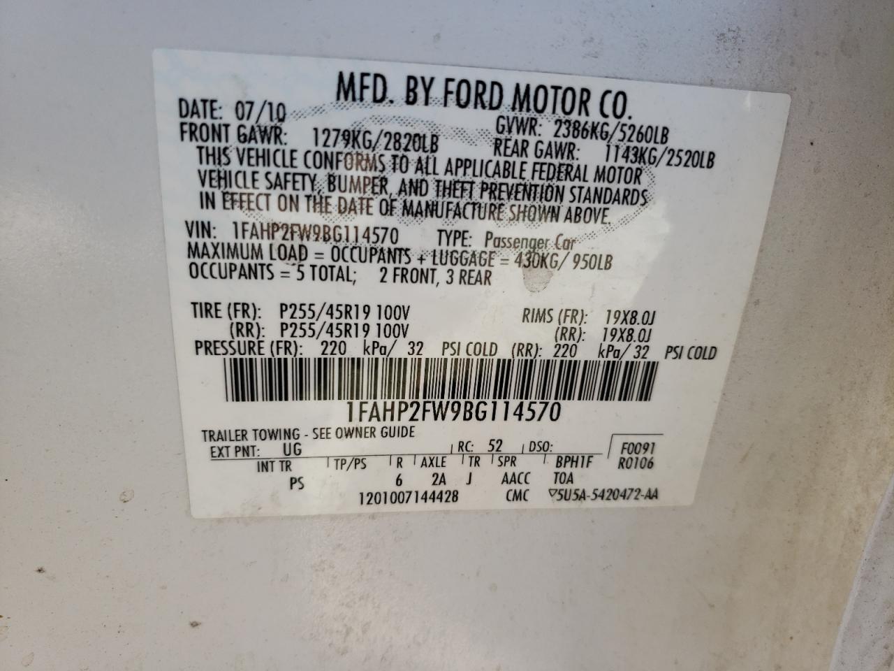 Photo 10 from auction – 2011 FORD TAURUS LIM with VIN 1FAHP2FW9BG114570