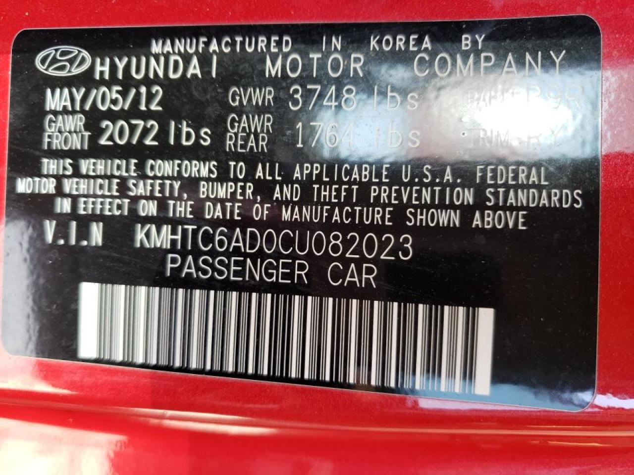 Photo 10 from auction – 2012 HYUNDAI VELOSTER with VIN KMHTC6AD0CU082023
