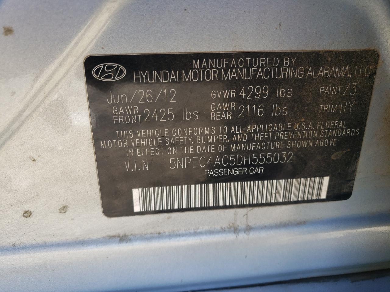 Photo 10 from auction – 2013 HYUNDAI SONATA SE with VIN 5NPEC4AC5DH555032