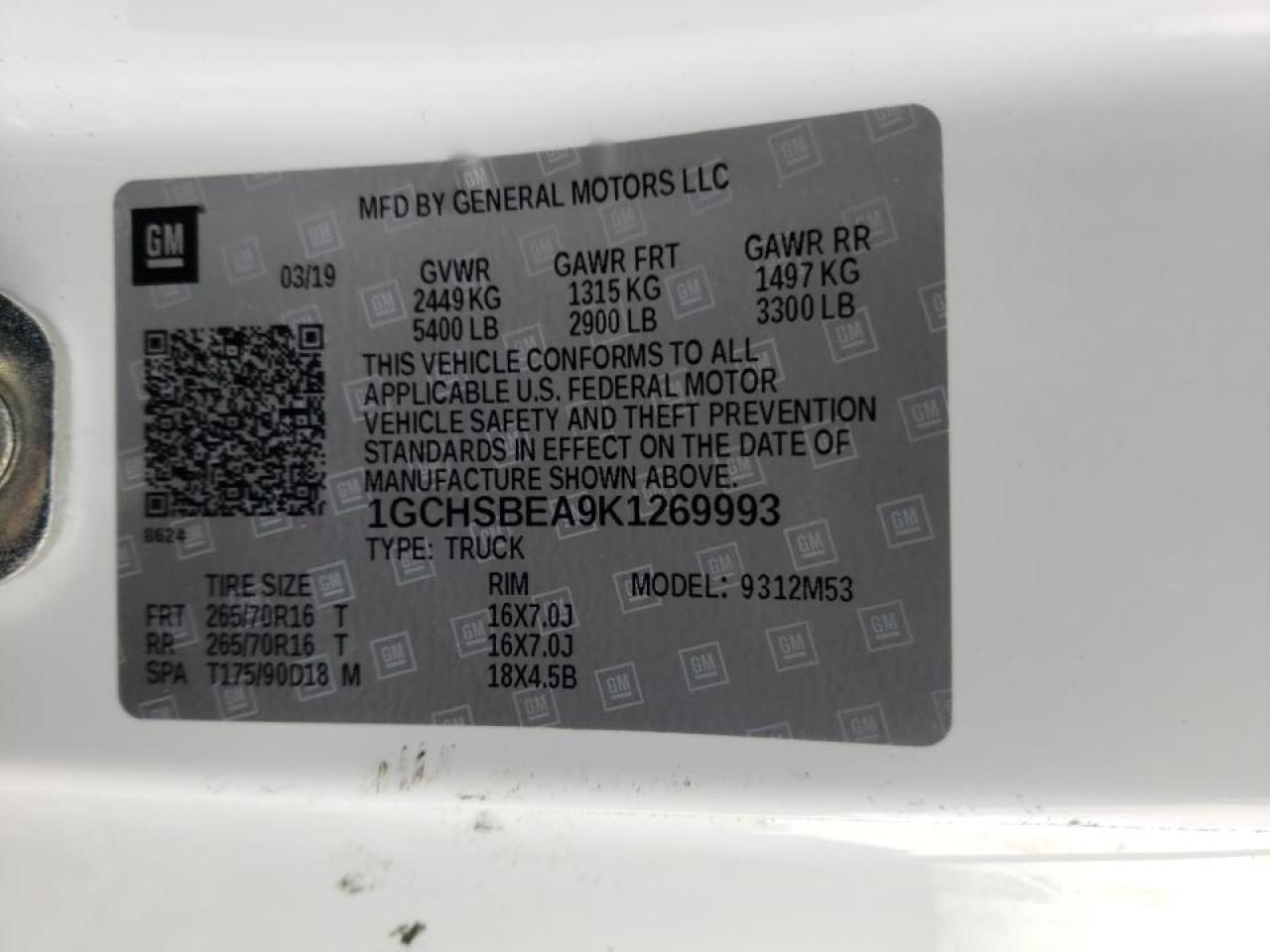 Photo 10 from auction – 2019 CHEVROLET COLORADO with VIN 1GCHSBEA9K1269993