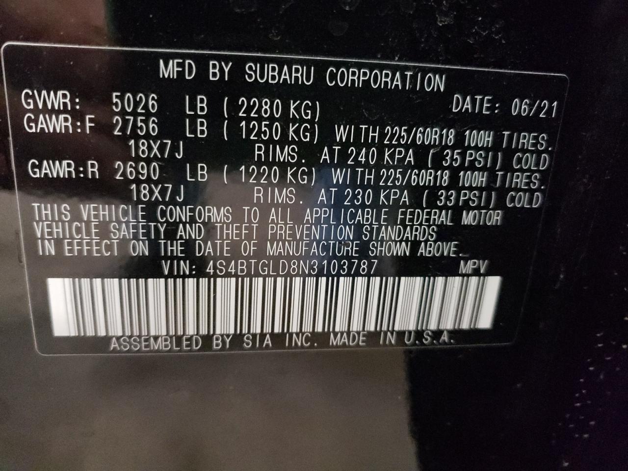 Photo 10 from auction – 2022 SUBARU OUTBACK ON with VIN 4S4BTGLD8N3103787