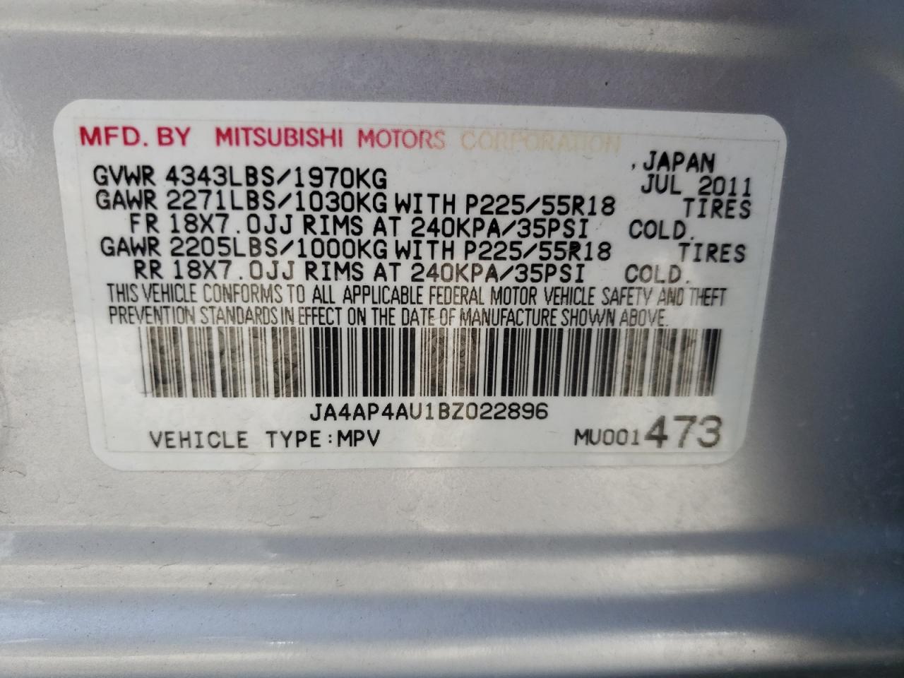 Photo 10 from auction – 2011 MITSUBISHI OUTLANDER with VIN JA4AP4AU1BZ022896