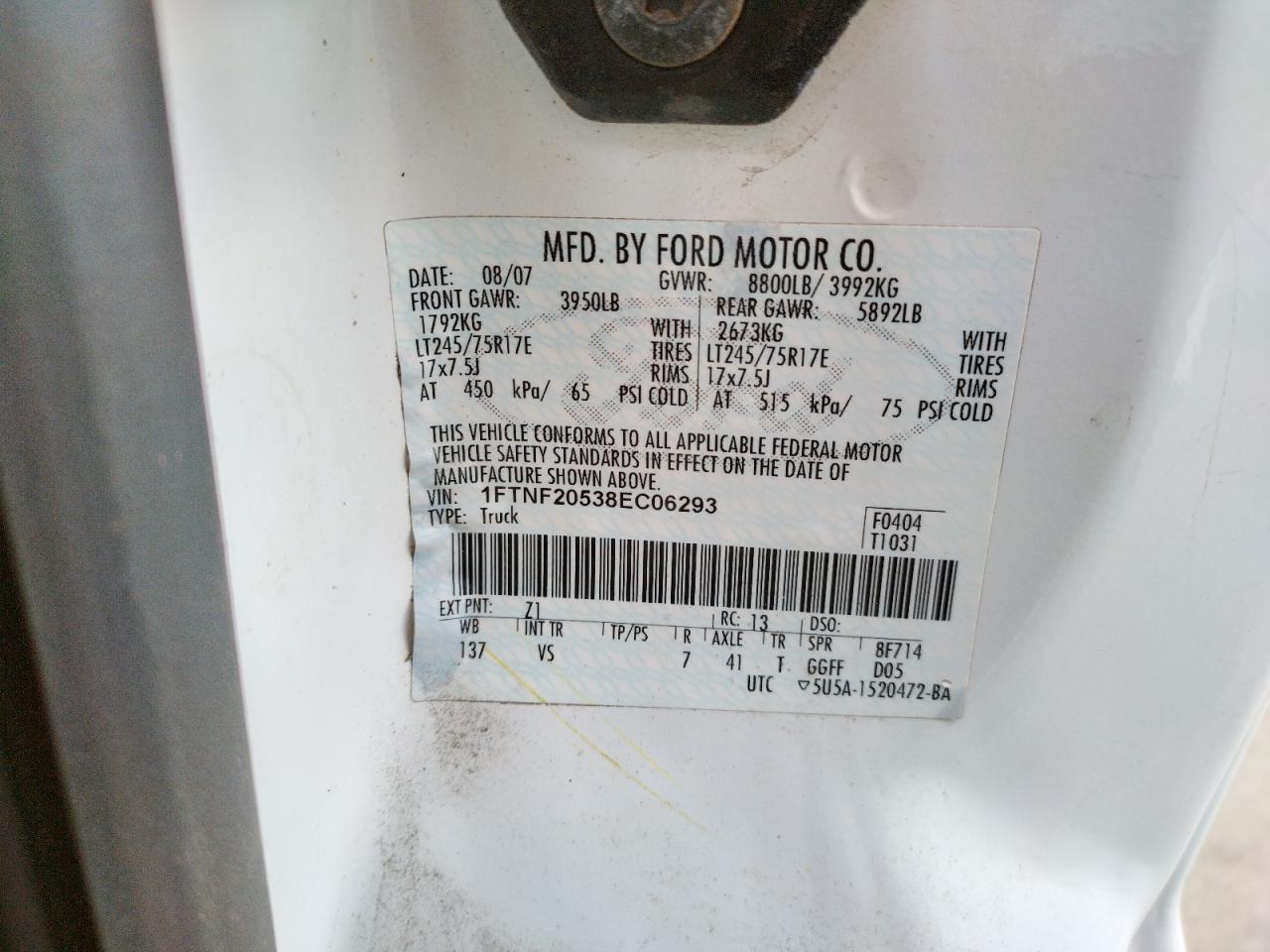 Photo 10 from auction – 2008 FORD F250 SUPER with VIN 1FTNF20538EC06293