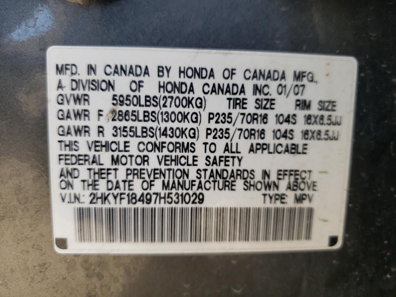 Photo 10 from auction – 2007 HONDA PILOT EX with VIN 2HKYF18497H531029