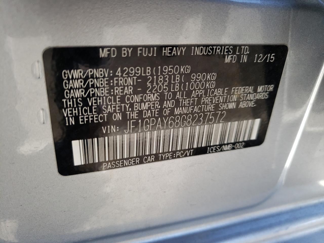 Foto 10 de la subasta – 2016 SUBARU IMPREZA SP con VIN JF1GPAY68G8237572