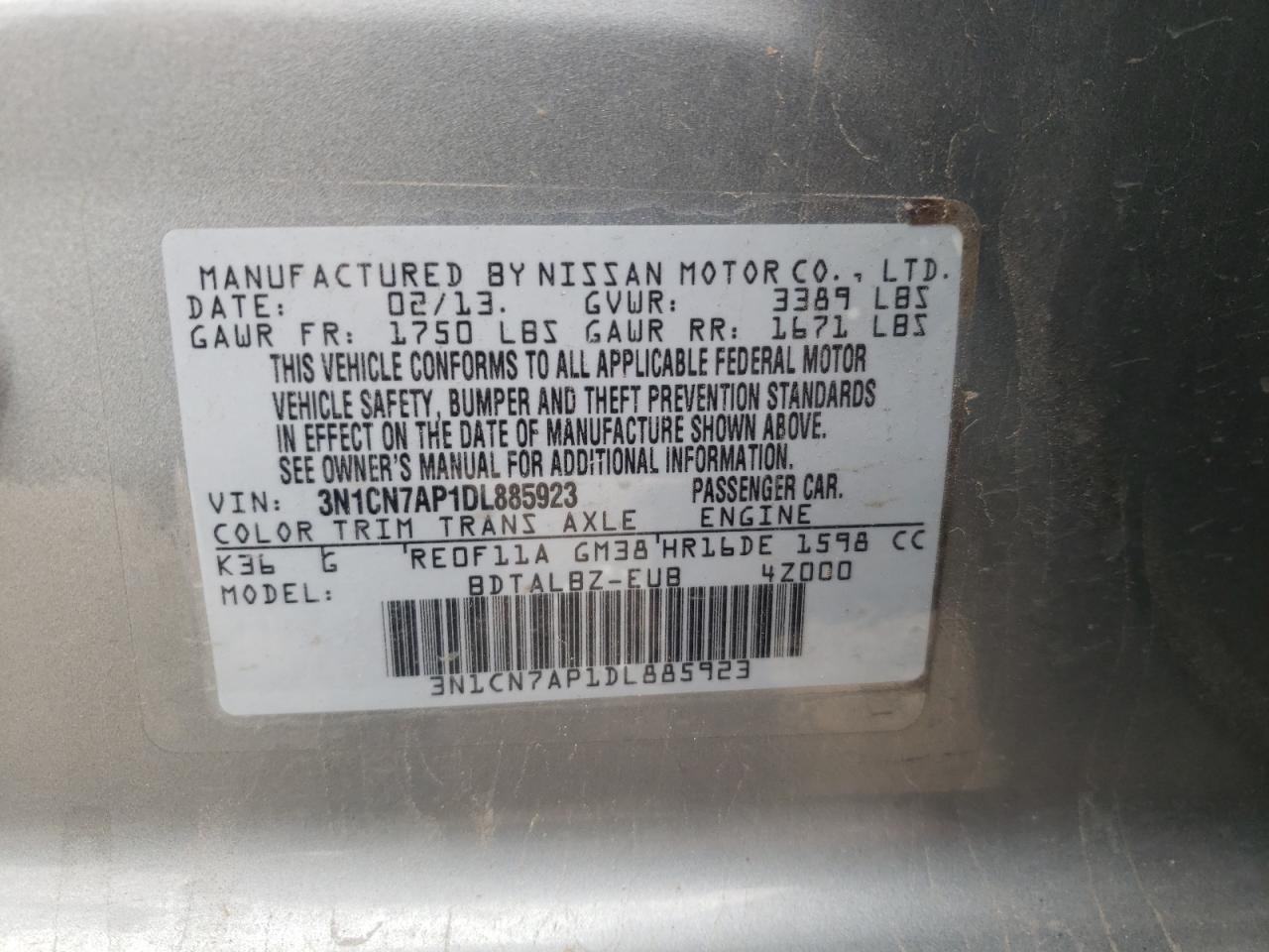 Photo 10 from auction – 2013 NISSAN VERSA S with VIN 3N1CN7AP1DL885923